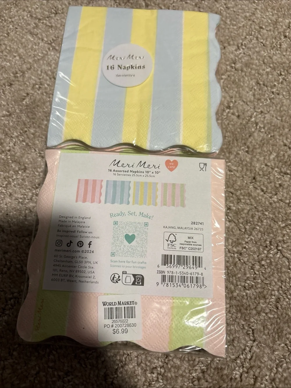 Meri Meri 2 Packs 16 Napkins 10x10 Stripes Pastel  Easter